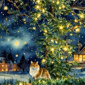 7.5x7.5in Starry Night Christmas Village Cat Art Print out